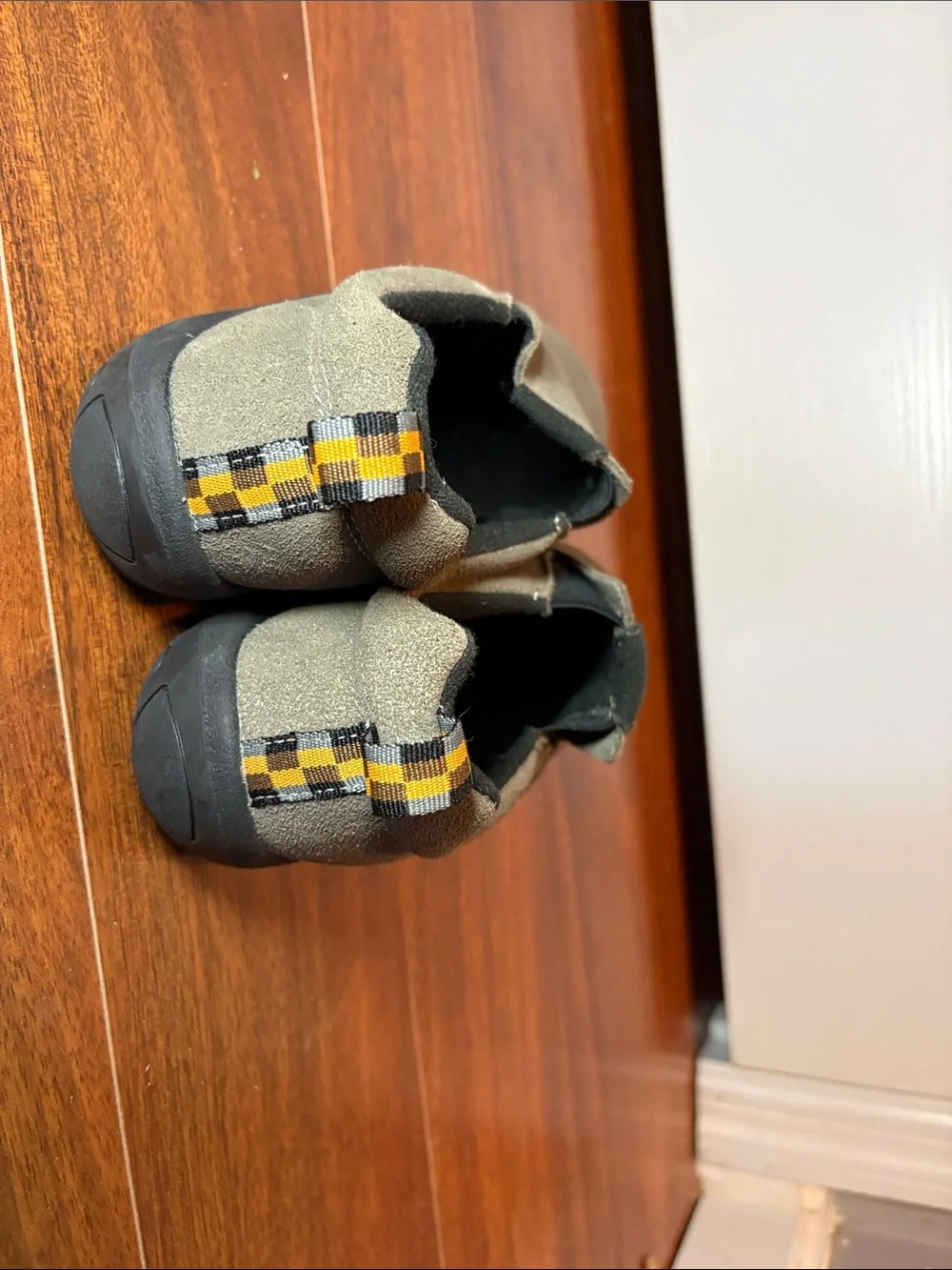 Merrell Men’s Gray Suede Slip-On Shoes with Yellow Heel Tabs